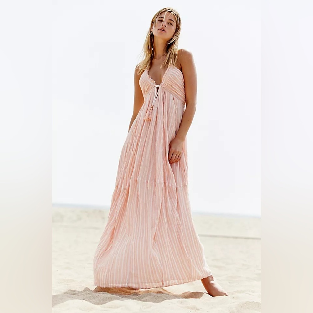 Free People Soft Blush Pink Striped Maxi Dress with Tassel Tie
